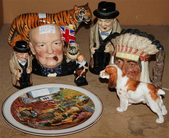 Beswick tiger, Doulton Indian jug, Doulton Churchill mugs etc